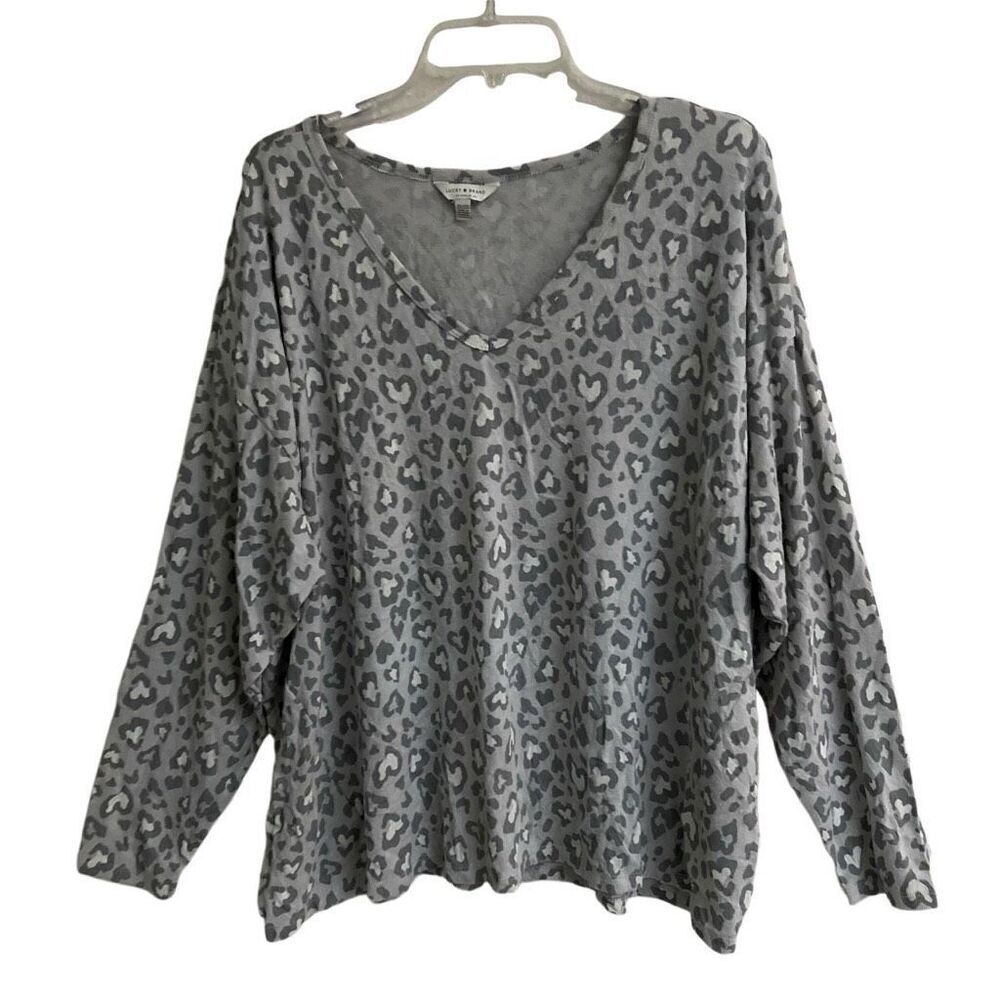Lucky Brand Cheetah Heart Print V-Neck Long Sleeve T-Shirt Women’s 2x Gray New